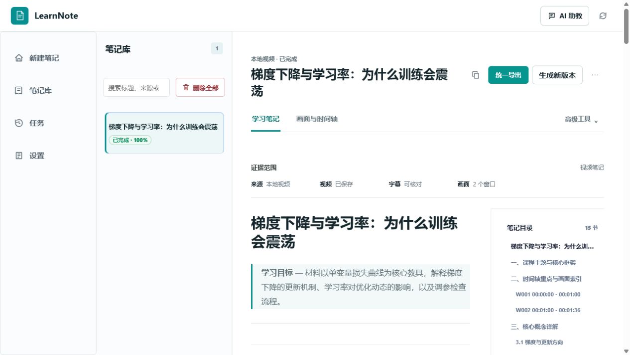 LearnNote 生成的梯度下降微课结构化笔记，包含时间轴、核心概念和课程助手